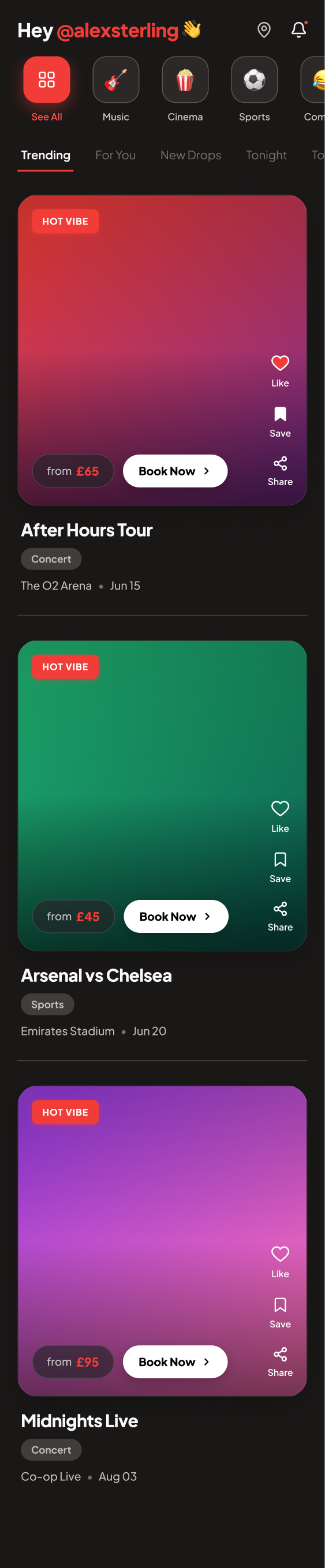 Brit Vibe app home screen showing live events